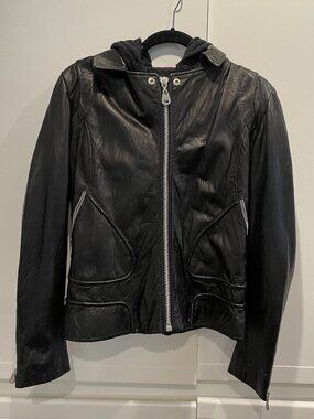DOMA Black Hooded Leather Jacket Women's XL